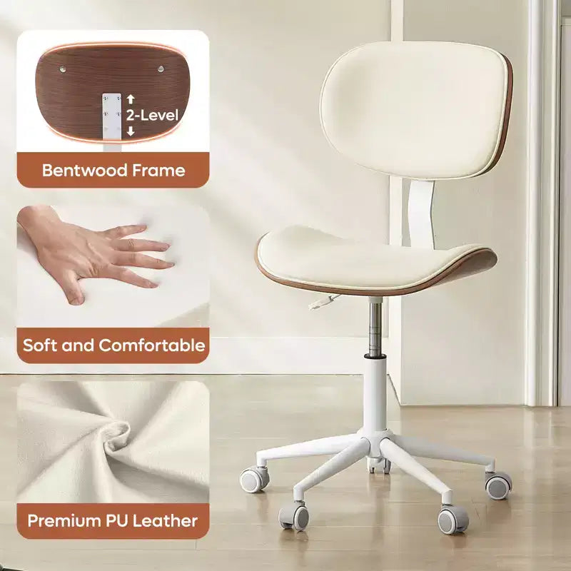 Chaise de bureau ergonomique sans accoudoirs en bois courbé, en cuir PU, réglable en hauteur avec roulettes