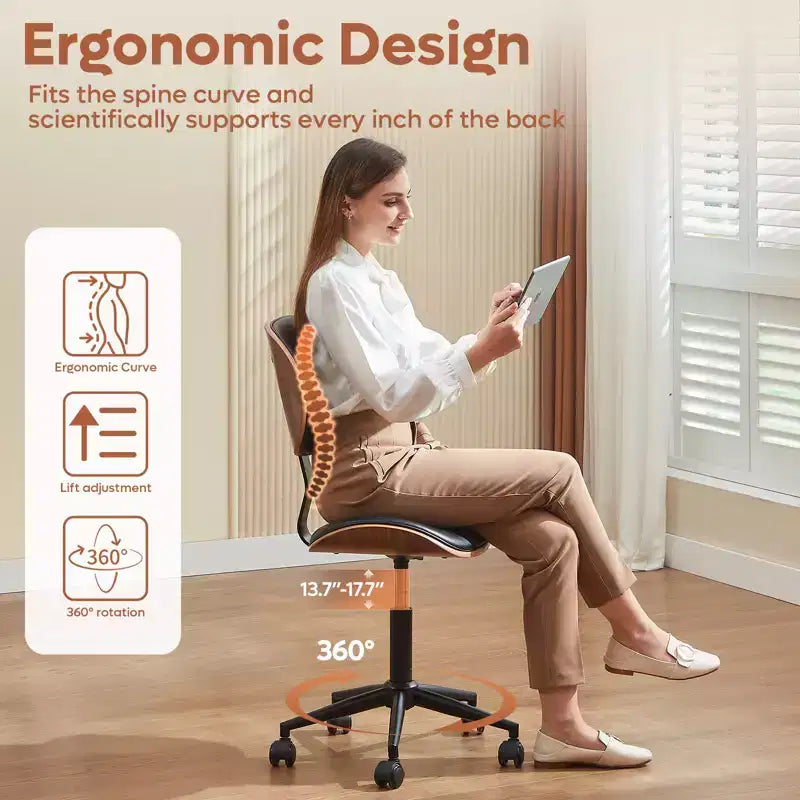 Chaise de bureau ergonomique sans accoudoirs en bois courbé, en cuir PU, réglable en hauteur avec roulettes
