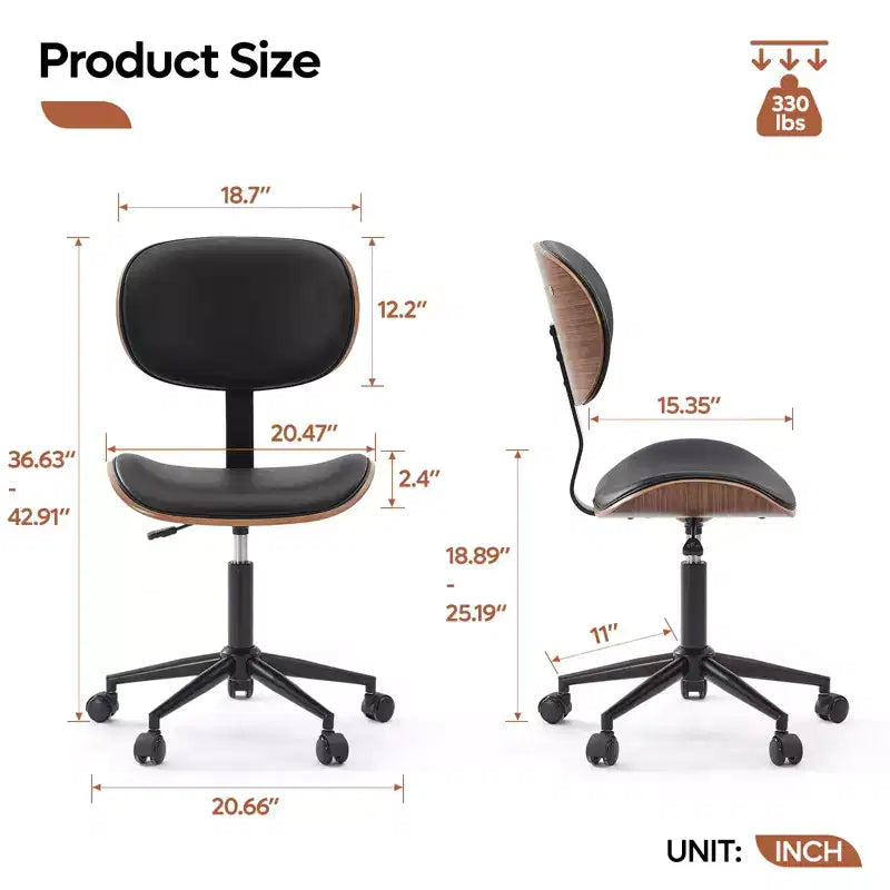 Chaise de bureau ergonomique sans accoudoirs en bois courbé, en cuir PU, réglable en hauteur avec roulettes