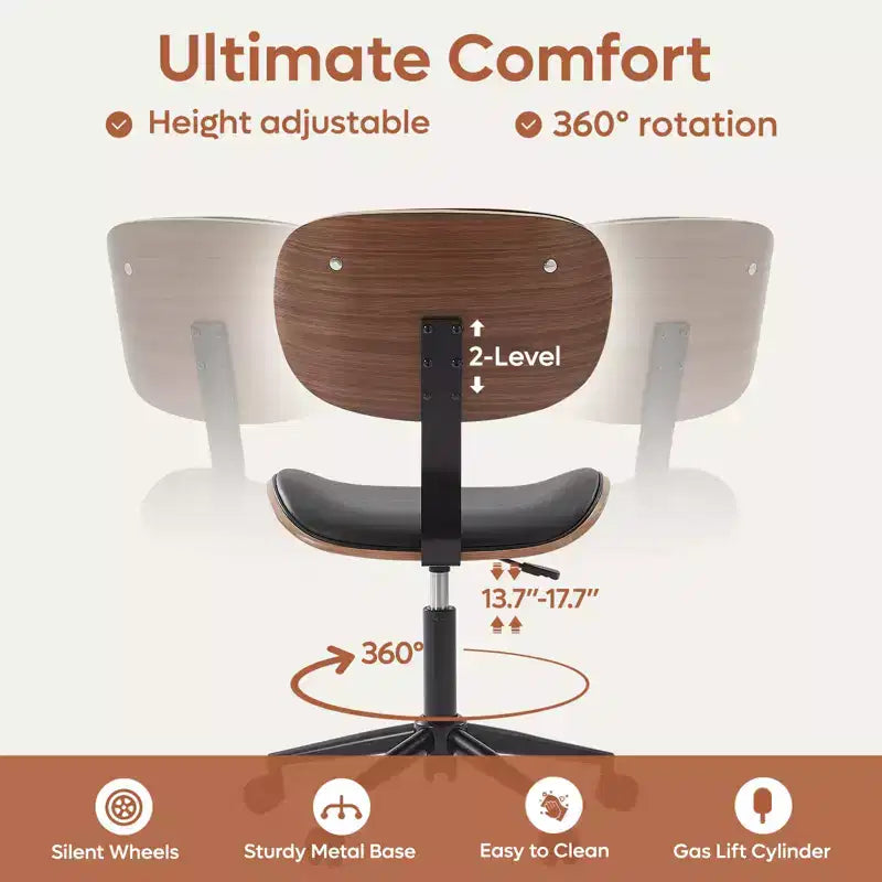 Chaise de bureau ergonomique sans accoudoirs en bois courbé, en cuir PU, réglable en hauteur avec roulettes