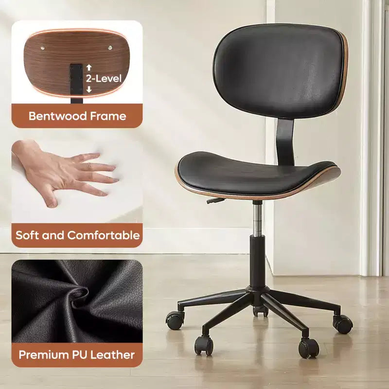 Chaise de bureau ergonomique sans accoudoirs en bois courbé, en cuir PU, réglable en hauteur avec roulettes