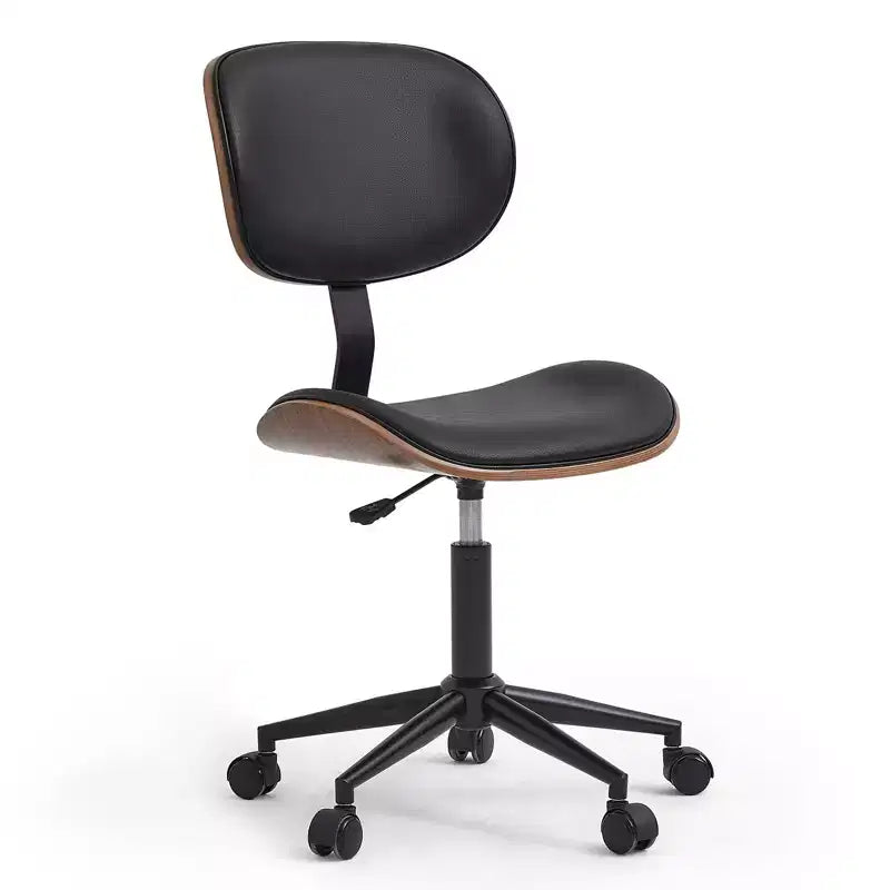 Chaise de bureau ergonomique sans accoudoirs en bois courbé, en cuir PU, réglable en hauteur avec roulettes