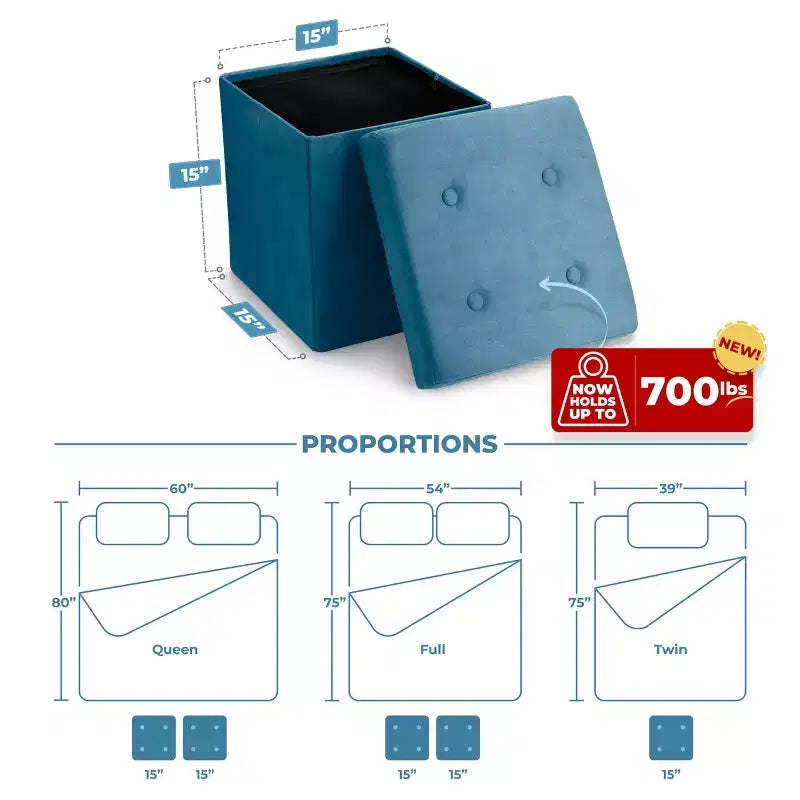 Pouf de rangement pliable, Cube, Coussin moelleux, Rangement dissimulé, Léger et portable