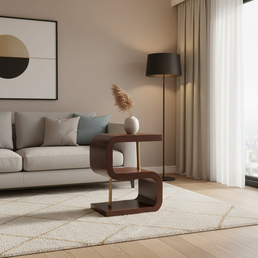 HomeRoots 24 Chestnut And Gold Solid Wood Curved Nightstand