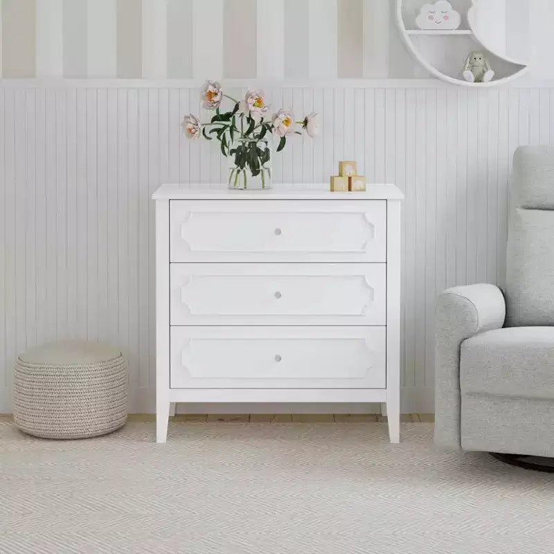 Commode à langer 3 tiroirs avec poignées en cristal, blanc