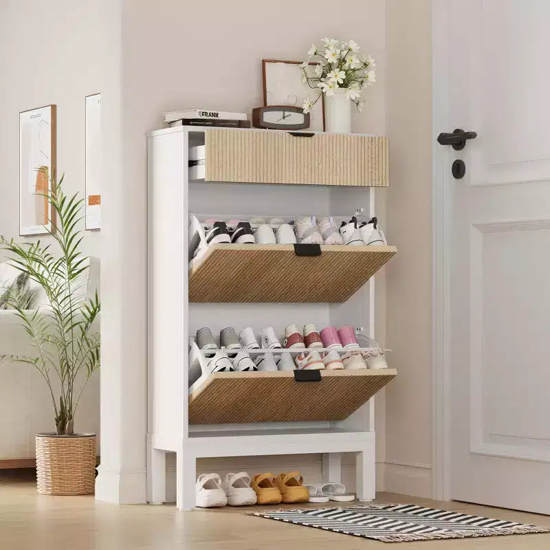 Meuble à chaussures fin et cannelé avec 2 portes battantes et 1 tiroir, Organisateur d'entrée
