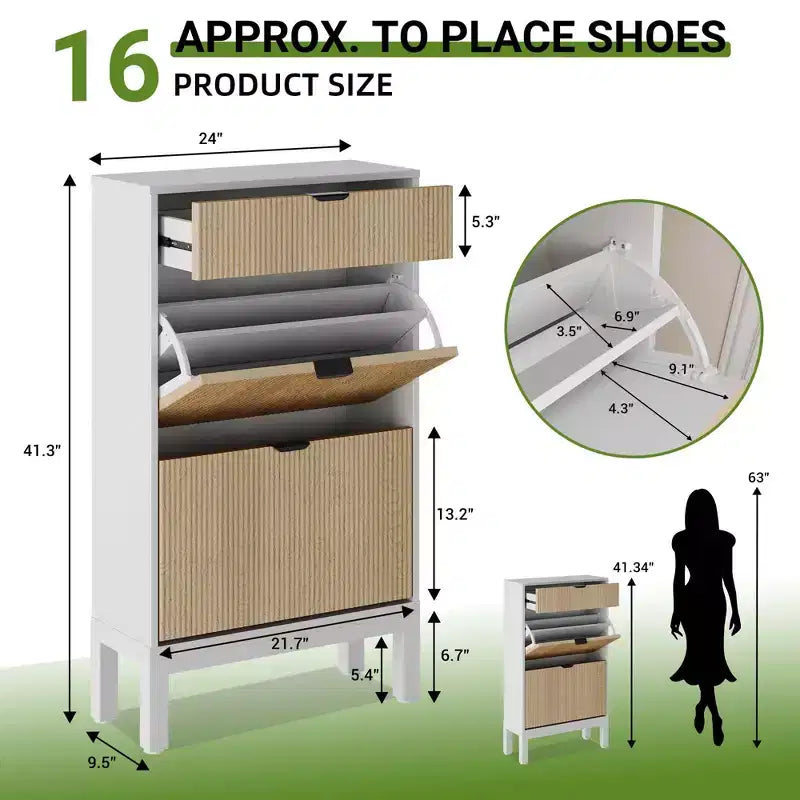 Meuble à chaussures fin et cannelé avec 2 portes battantes et 1 tiroir, Organisateur d'entrée