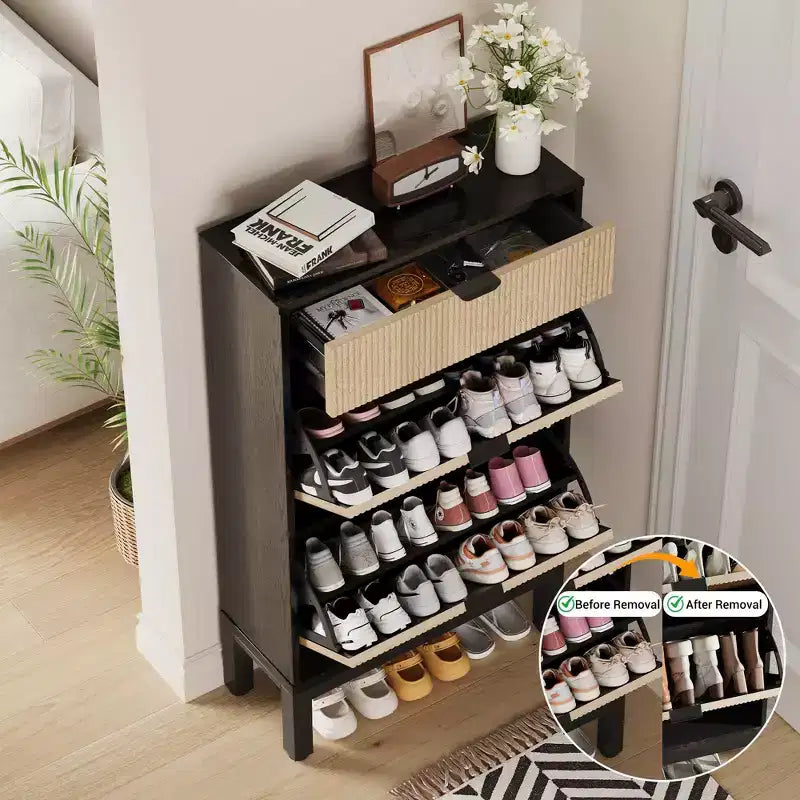 Meuble à chaussures fin et cannelé avec 2 portes battantes et 1 tiroir, Organisateur d'entrée