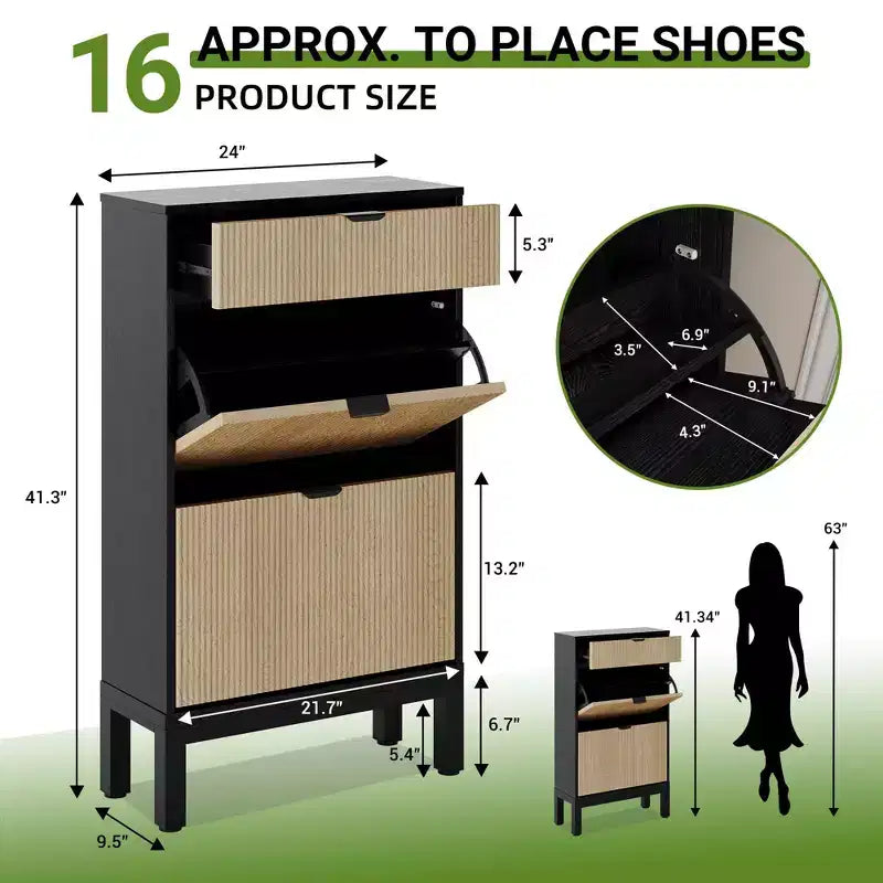 Meuble à chaussures fin et cannelé avec 2 portes battantes et 1 tiroir, Organisateur d'entrée