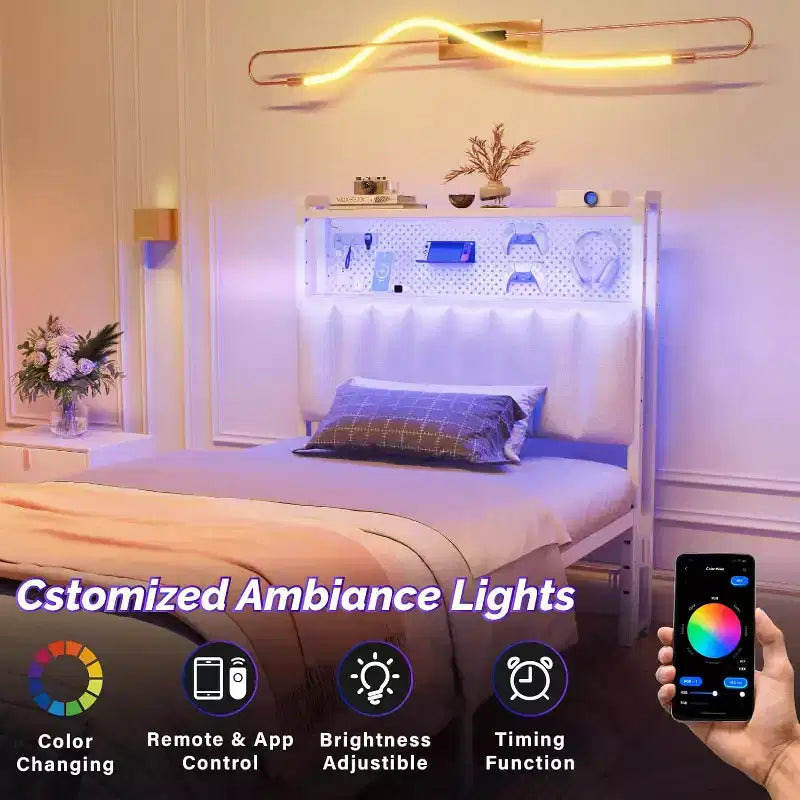 Tête de lit rembourrée réglable avec 2 étagères, panneau perforé, station de charge et lumières LED