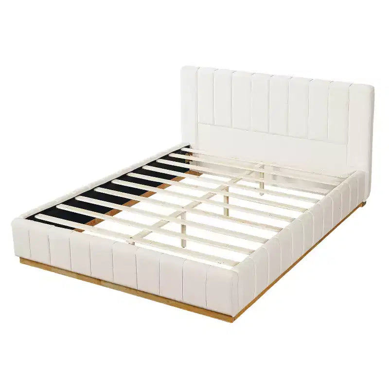 Lit à plateforme moderne en tissu rayé avec tête de lit rembourrée, Grand lit/Très grand lit