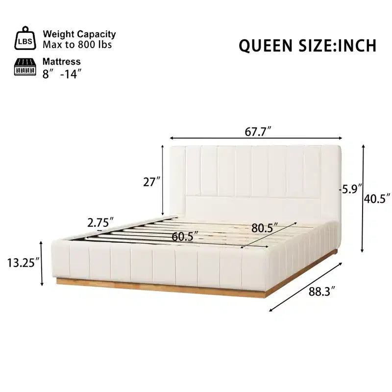 Lit à plateforme moderne en tissu rayé avec tête de lit rembourrée, Grand lit/Très grand lit