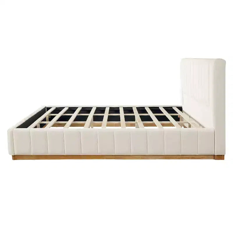 Lit à plateforme moderne en tissu rayé avec tête de lit rembourrée, Grand lit/Très grand lit