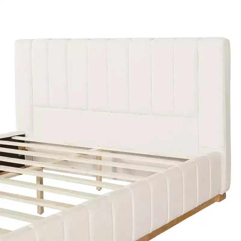 Lit à plateforme moderne en tissu rayé avec tête de lit rembourrée, Grand lit/Très grand lit