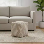 Pouf ottoman cube géométrique en coton, jute et laine ivoire et naturel de 45,7 cm