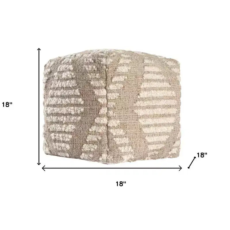Pouf ottoman cube géométrique en coton, jute et laine ivoire et naturel de 45,7 cm