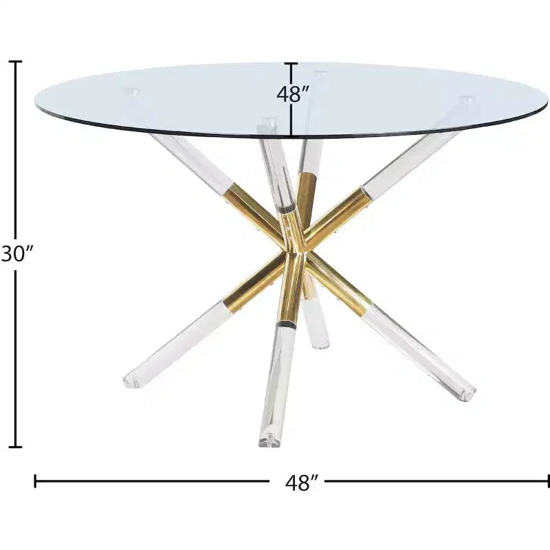 Table à manger ronde, base piédestal acrylique et or avec plateau en verre trempé