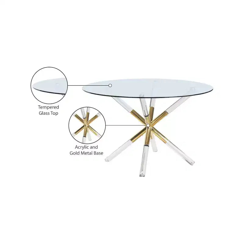Table à manger ronde, base piédestal acrylique et or avec plateau en verre trempé