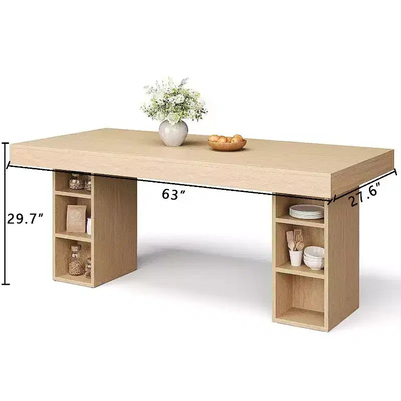 Table à manger rectangulaire en bois de 63 pouces avec rangement double face, pour 6 personnes, pour salle à manger ou bureau