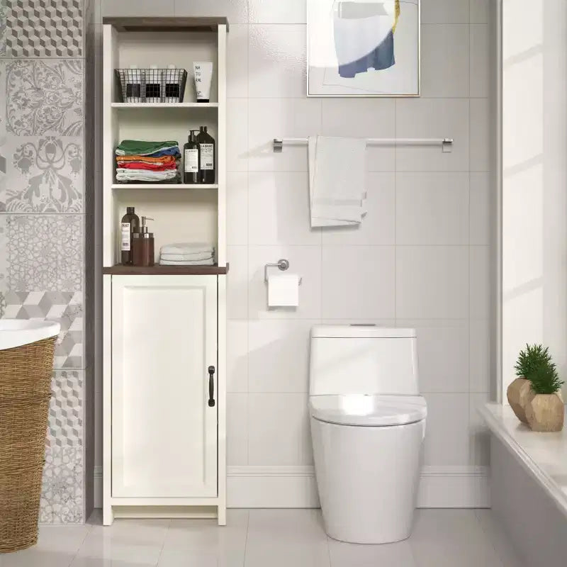 Meuble haut de salle de bain avec étagères ouvertes, chêne noueux ivoire, 39,6 cm (L) x 29,5 cm (P) x 161,8 cm (H)