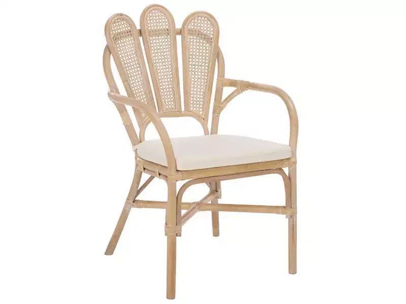 Fauteuil en rotin, ivoire blanchi, structure en bois et rotin avec coussin