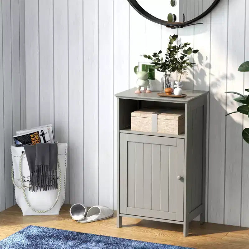 Meuble de Rangement Salle de Bain, Meuble Bas à Porte Unique avec Compartiment Ouvert et Étagère Réglable sur 3 Positions, Blanc/Gris