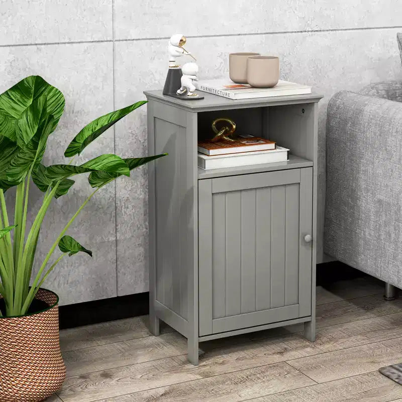 Meuble de Rangement Salle de Bain, Meuble Bas à Porte Unique avec Compartiment Ouvert et Étagère Réglable sur 3 Positions, Blanc/Gris