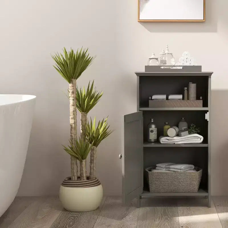 Meuble de Rangement Salle de Bain, Meuble Bas à Porte Unique avec Compartiment Ouvert et Étagère Réglable sur 3 Positions, Blanc/Gris