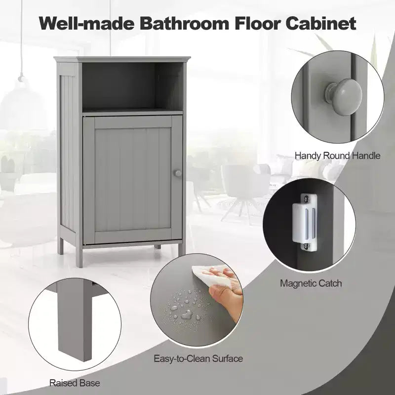 Meuble de Rangement Salle de Bain, Meuble Bas à Porte Unique avec Compartiment Ouvert et Étagère Réglable sur 3 Positions, Blanc/Gris