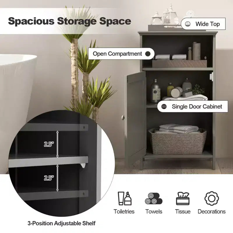 Meuble de Rangement Salle de Bain, Meuble Bas à Porte Unique avec Compartiment Ouvert et Étagère Réglable sur 3 Positions, Blanc/Gris