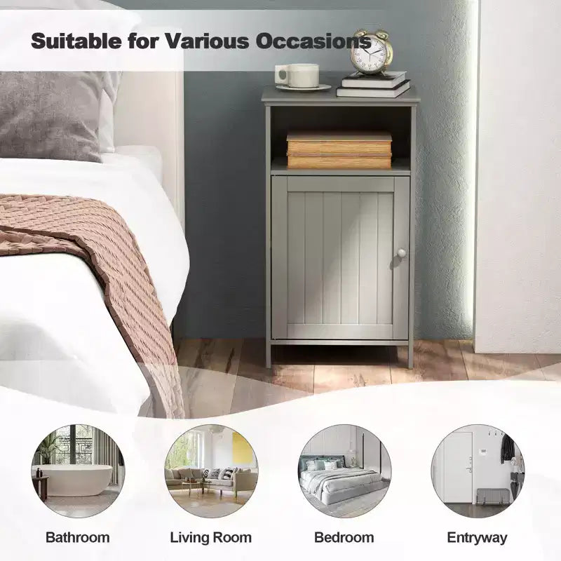 Meuble de Rangement Salle de Bain, Meuble Bas à Porte Unique avec Compartiment Ouvert et Étagère Réglable sur 3 Positions, Blanc/Gris