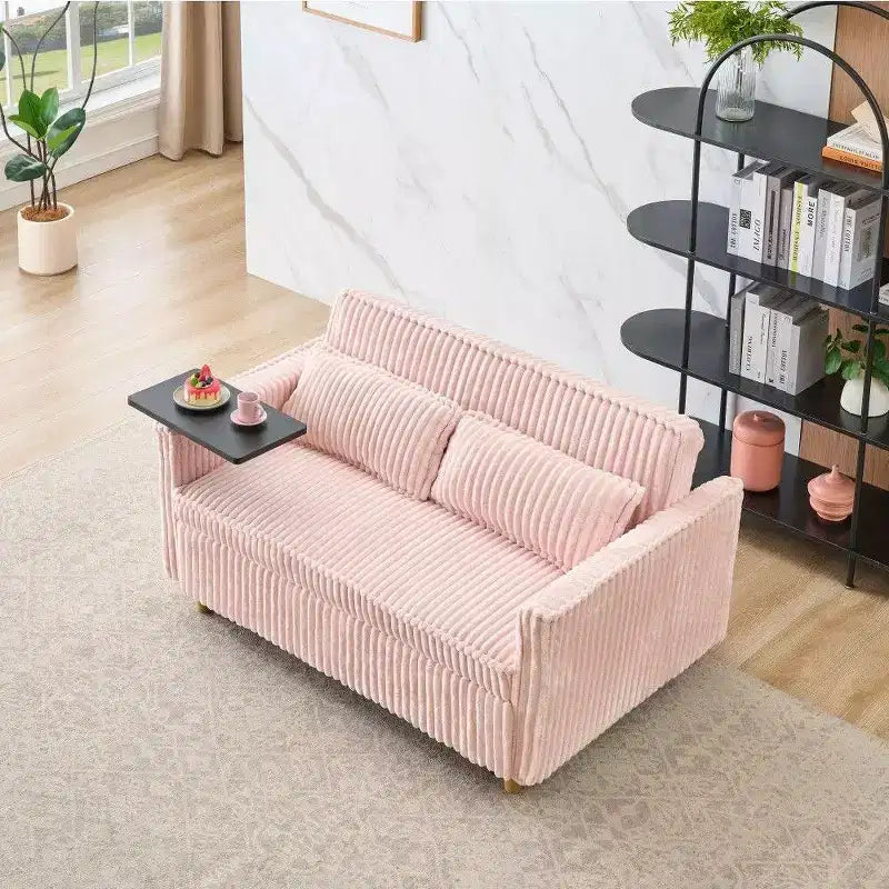 Canapé convertible compact, canapé-lit en velours côtelé avec plateau de table mobile et port USB, causeuse multifonctionnelle pour salon