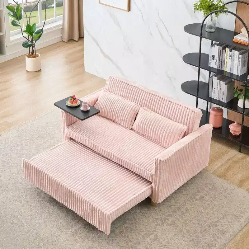 Canapé convertible compact, canapé-lit en velours côtelé avec plateau de table mobile et port USB, causeuse multifonctionnelle pour salon