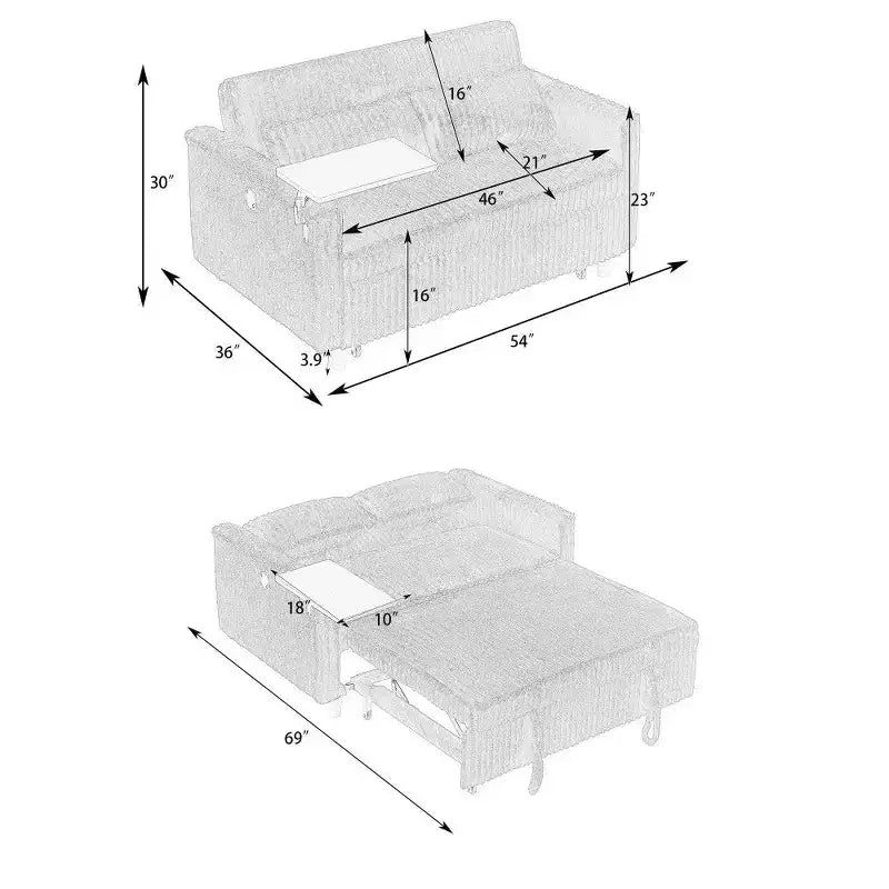 Canapé convertible compact, canapé-lit en velours côtelé avec plateau de table mobile et port USB, causeuse multifonctionnelle pour salon