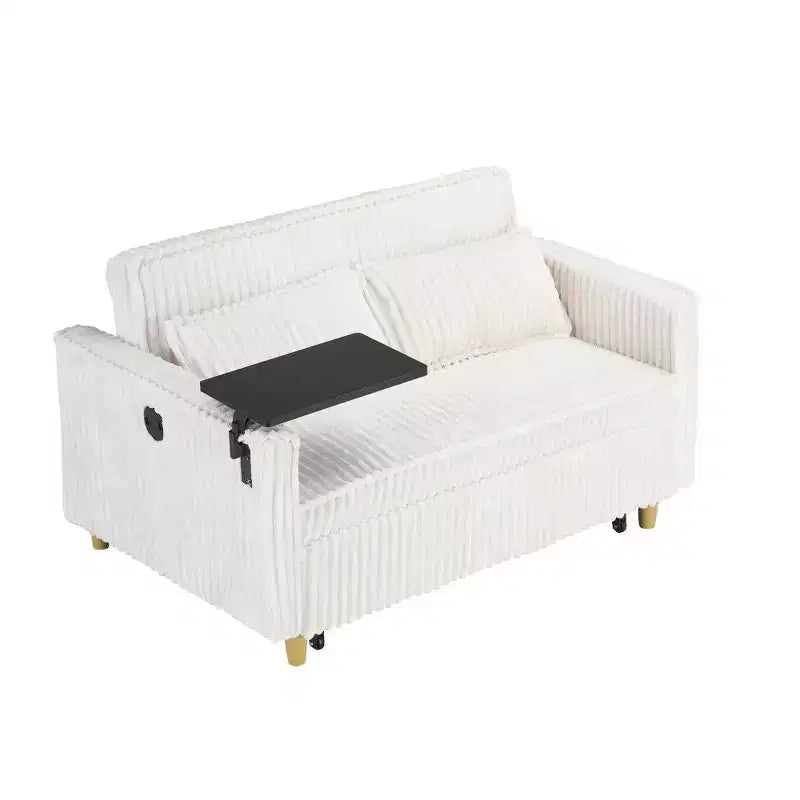 Canapé convertible compact, canapé-lit en velours côtelé avec plateau de table mobile et port USB, causeuse multifonctionnelle pour salon