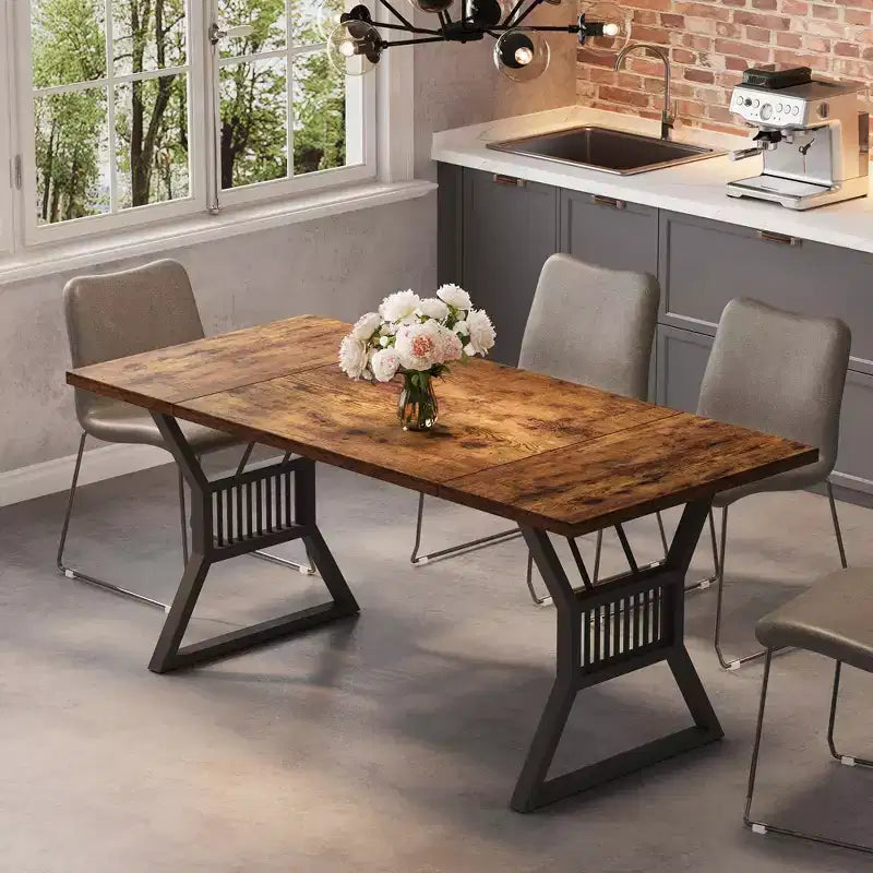 Table de salle à manger de ferme de 180 cm pour 4-6 personnes, table de cuisine avec pieds en métal robustes pour salon, salle à manger