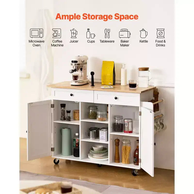 Desserte de cuisine avec plateau en bois massif et armoire de rangement, table roulante mobile avec abattant, largeur 132 cm, blanc