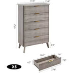 Commode cannelée pour chambre à coucher avec 5 tiroirs profonds, commode haute de 120 cm, design à profil incurvé, commode moderne en bois pour salon et couloir