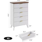 Commode cannelée pour chambre à coucher avec 5 tiroirs profonds, commode haute de 120 cm, design à profil incurvé, commode moderne en bois pour salon et couloir