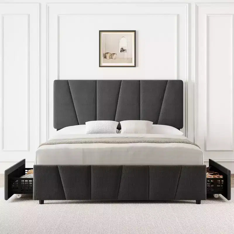 Cadre de lit double/grand lit avec tête de lit réglable et 4 tiroirs de rangement, lit plateforme capitonné en velours