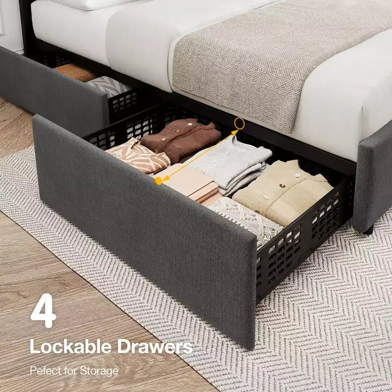 Cadre de lit double/grand lit avec tête de lit réglable et 4 tiroirs de rangement, lit plateforme capitonné en velours