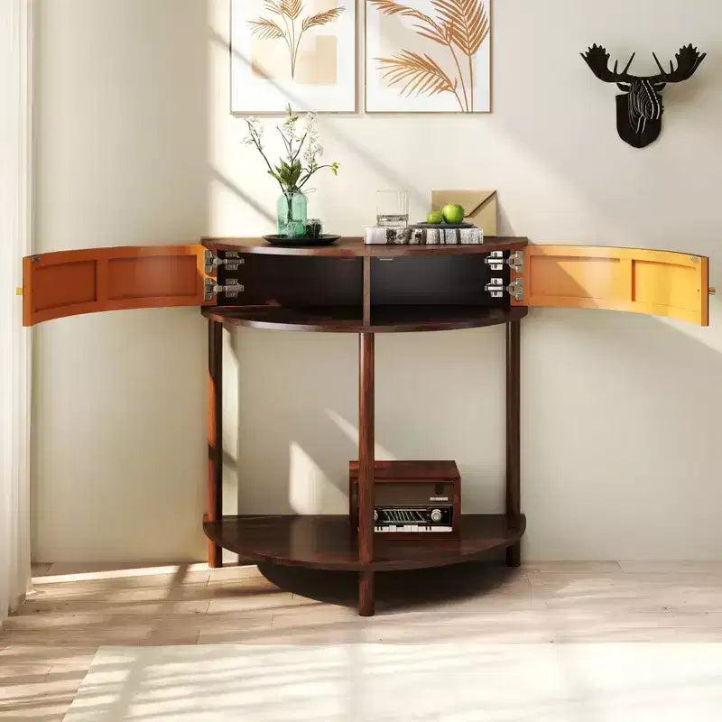 Table console ondulée fabriquée à la main de 31,50 pouces avec tiroirs texturés en 3D, double rangement et étagère inférieure, marron